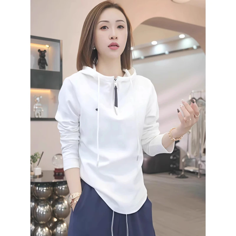 芯娇晴白色半拉链连帽长袖卫衣女2025年秋季新款宽松休闲打底上衣