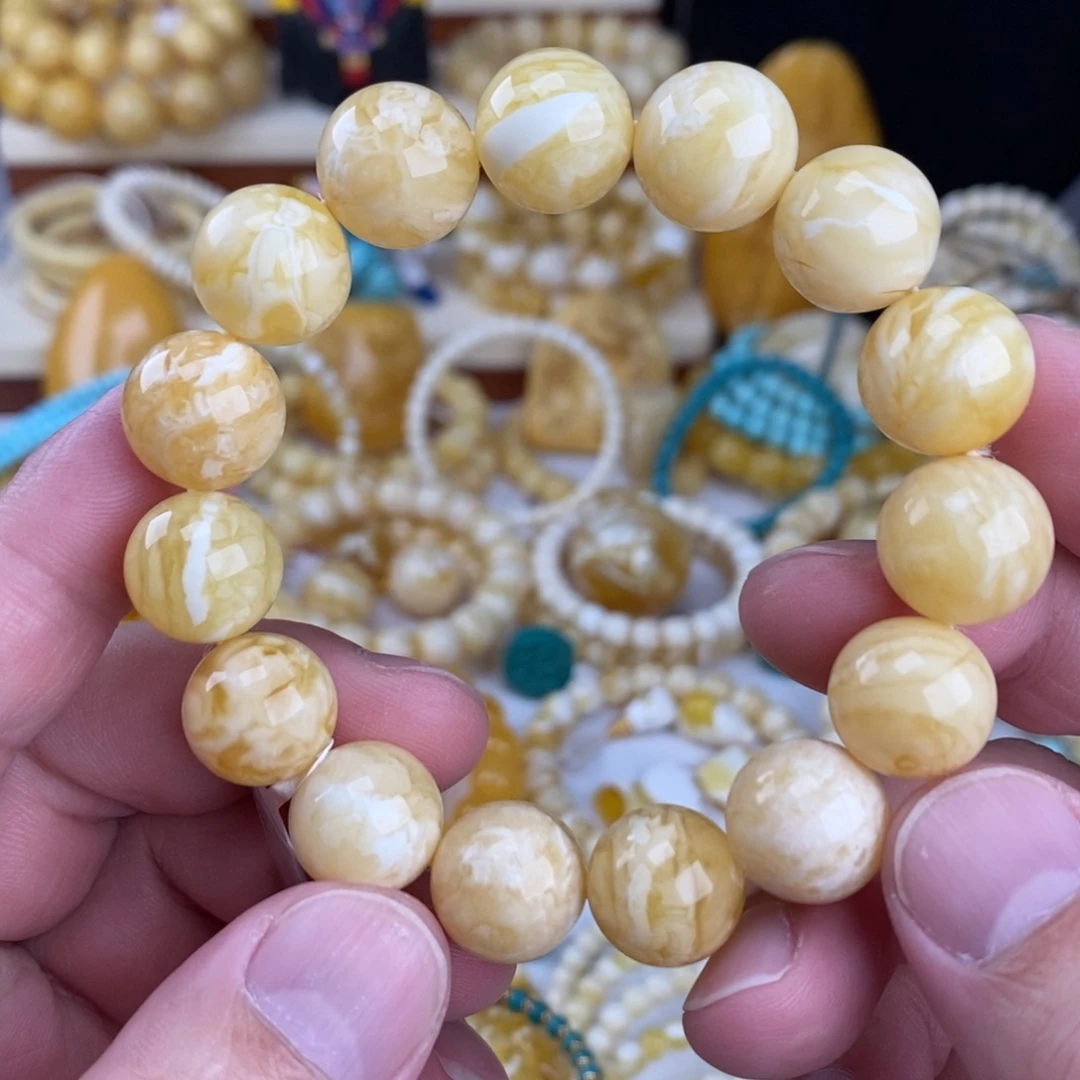 蜜蜡未镶嵌手链瓷白蜡实虎皮纹14.2mm圆珠