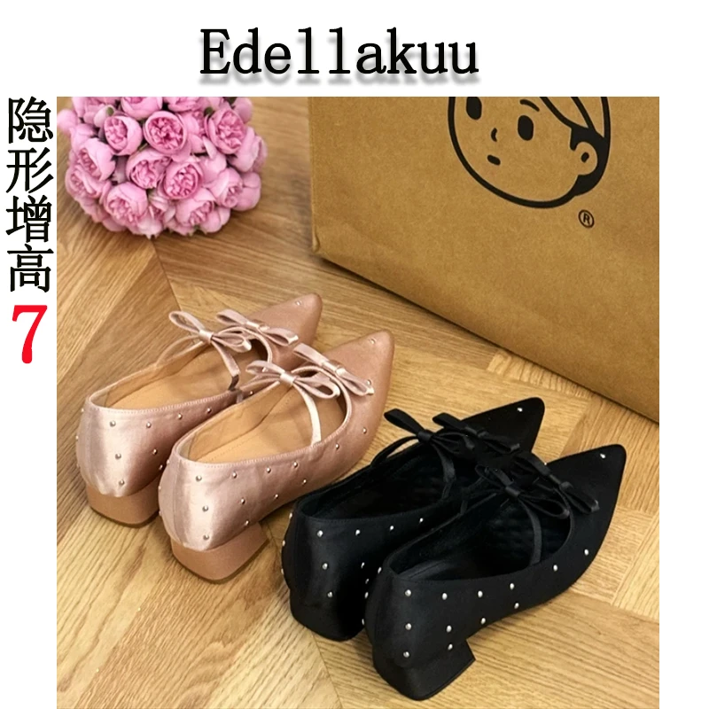 内增高7cm~尖头水钻蝴蝶结仙女风单鞋复古鞋子夏季玛丽珍百搭女鞋