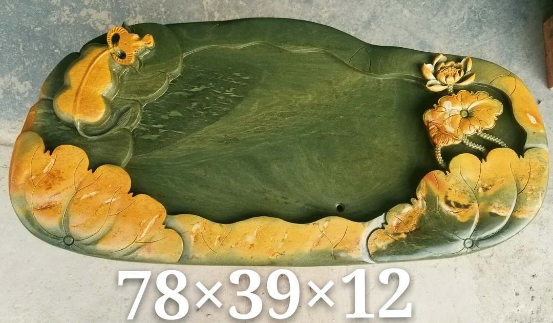 肇庆端砚石茶盘，绿端石《和美》天然原石，手工雕刻。