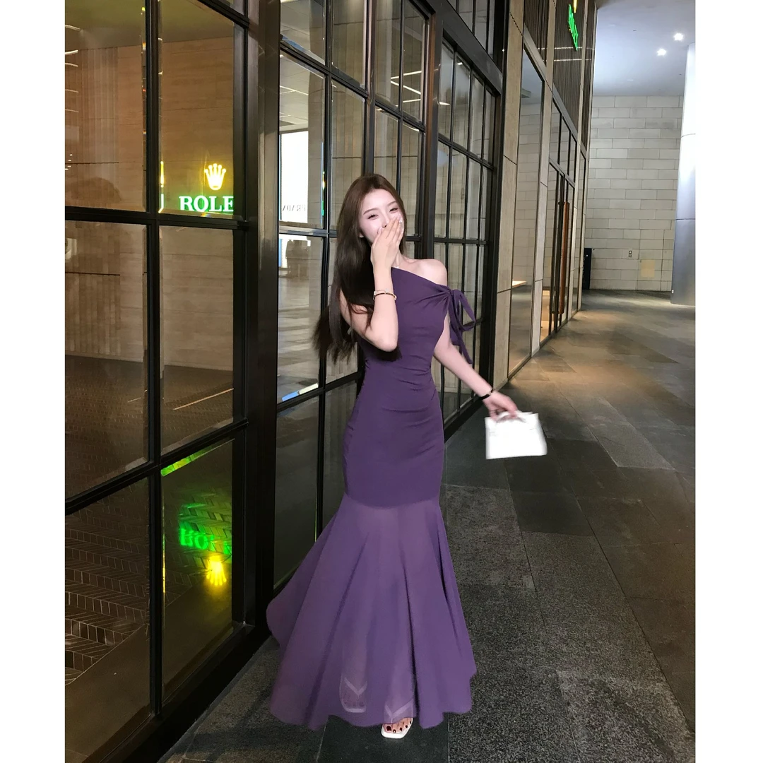 SZA【浪漫马黛】夏季新款时尚气质斜肩网纱拼接包臀连衣裙A-1978