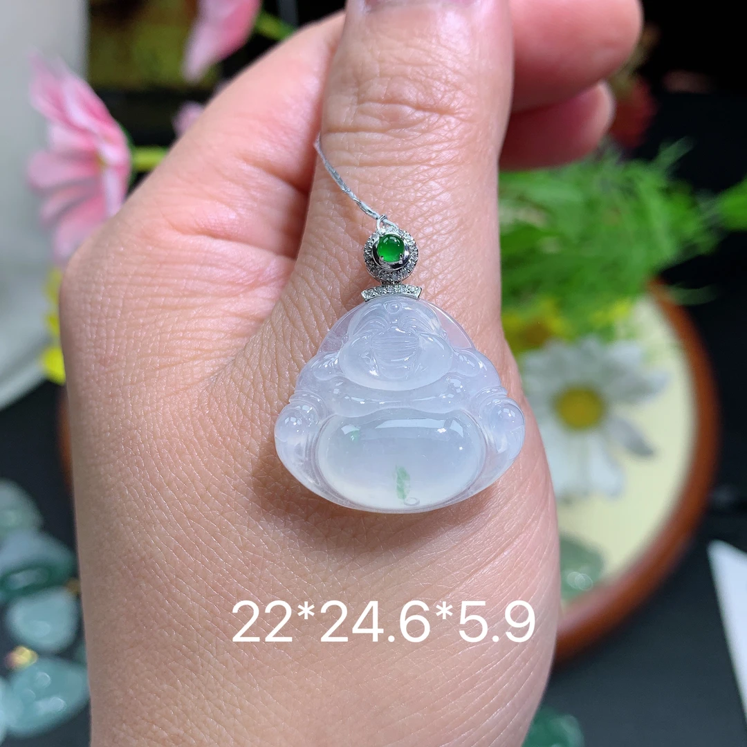 缅甸翡翠A货冰种飘花佛公喜挂件水润百搭精冰气质气质珠宝玉石