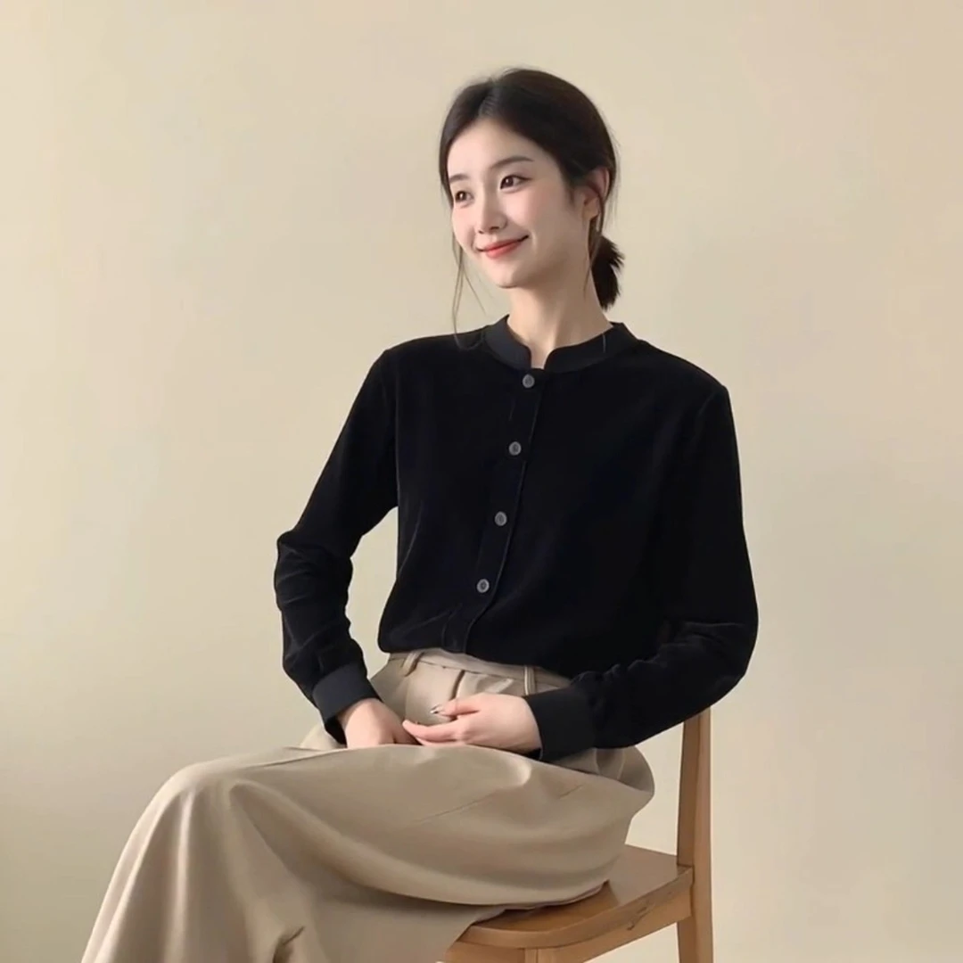 SS3015黑色立领丝绒开衫简约休闲气质百搭高级感漂亮轻熟国风上衣