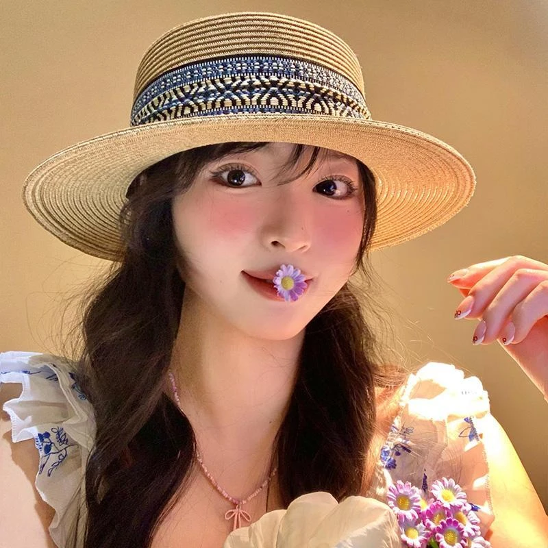 波西米亚民族风海边沙滩遮阳草帽女夏季出游防晒百搭平顶宽檐帽LQ
