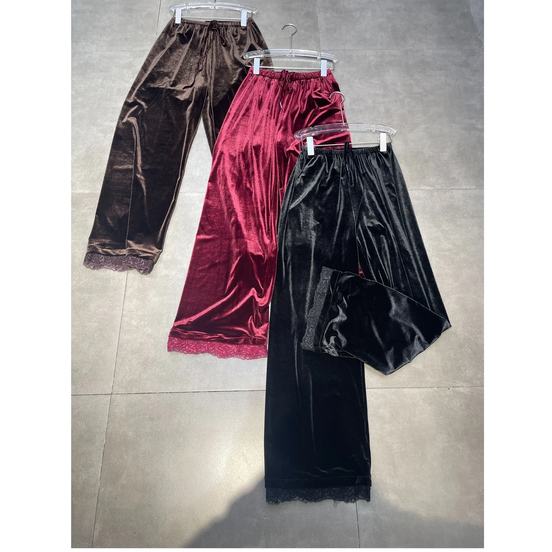 KIKI严选：88872-YS家欧货南油秋季新款松紧腰蕾丝边丝绒裤