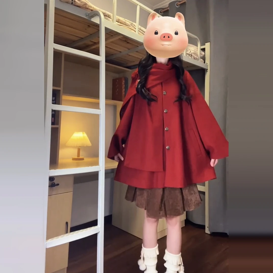 圣诞节红色斗篷呢子大衣女2026秋冬季新款韩系小个子短款毛呢外套