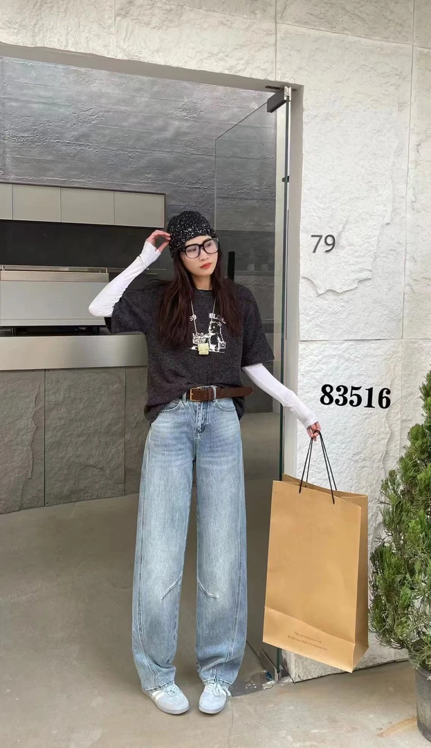 【83516】女#高腰宽松牛仔裤【配皮带】