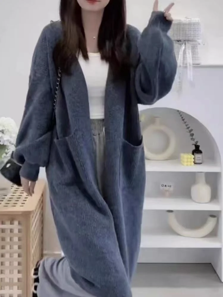 时尚中长款开衫外套女春秋加厚过膝慵懒风宽松小个子针织外搭W024