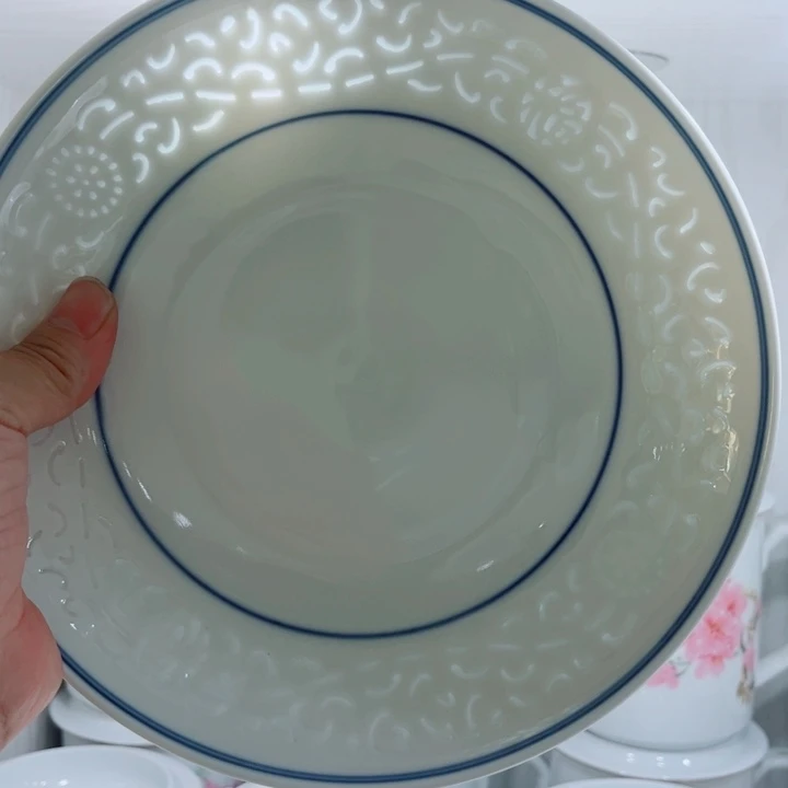 青花玲珑8寸窝盘满雕双福双线