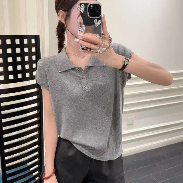 【韩衣舍】短袖夏季翻领宽松型短款毛针织衫针织衫文艺复兴风