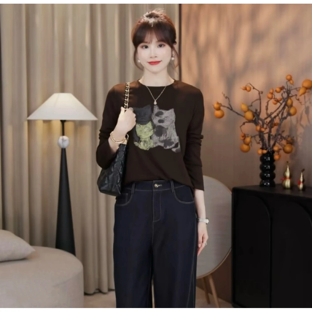 小猫印花宽松长袖T恤女欧洲站2025秋装新款欧货洋气宽松打底衫潮