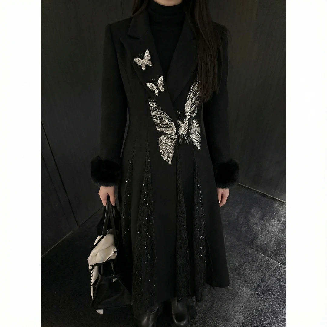 【芙娜妮】秋冬2025中长款小个子西装领蝴蝶长袖外套女装FG2531184A