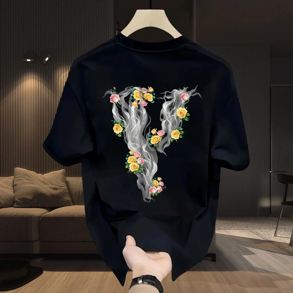 2025美式潮牌男士纯棉T恤圆领上衣印花时尚修身短袖打底衫夏季潮