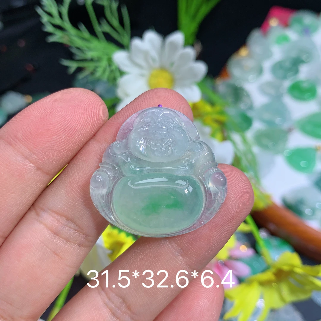 缅甸翡翠A货冰种飘阳绿佛公O吊坠种老水足冰透绿色精雕雕刻