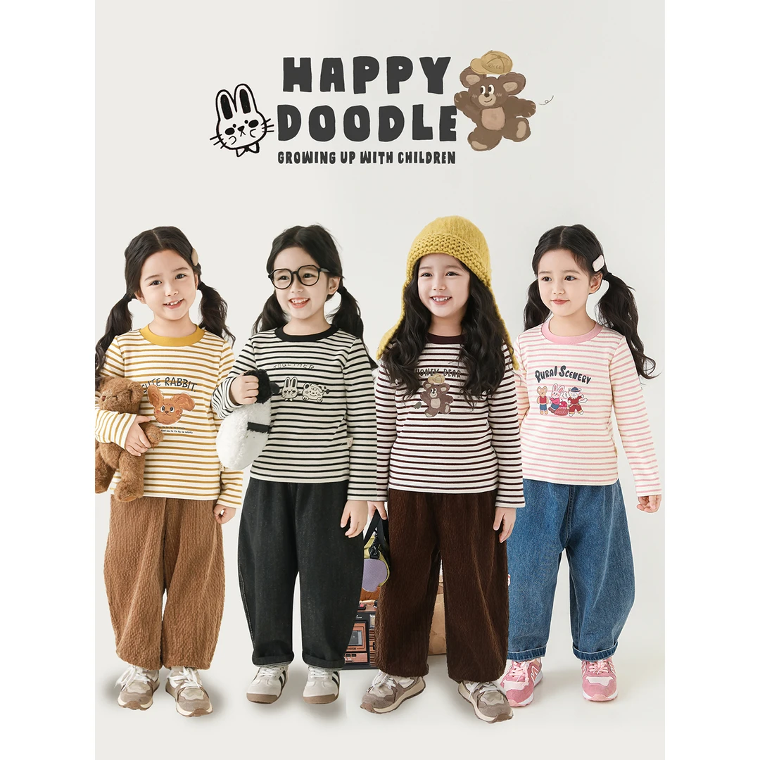 幼悠【条纹素绘】2025秋一波休闲卡通插肩长袖T恤Q4337