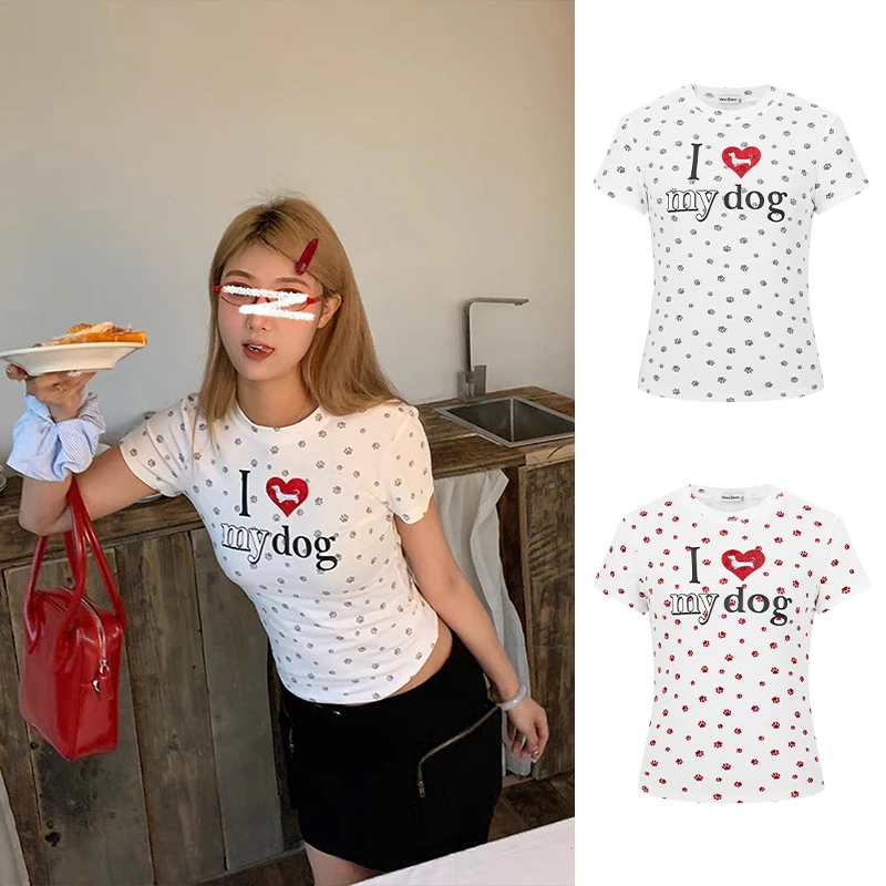 Moses Queen/魔西女王美式爱心狗爪满印T恤时髦凉感修身显瘦上衣