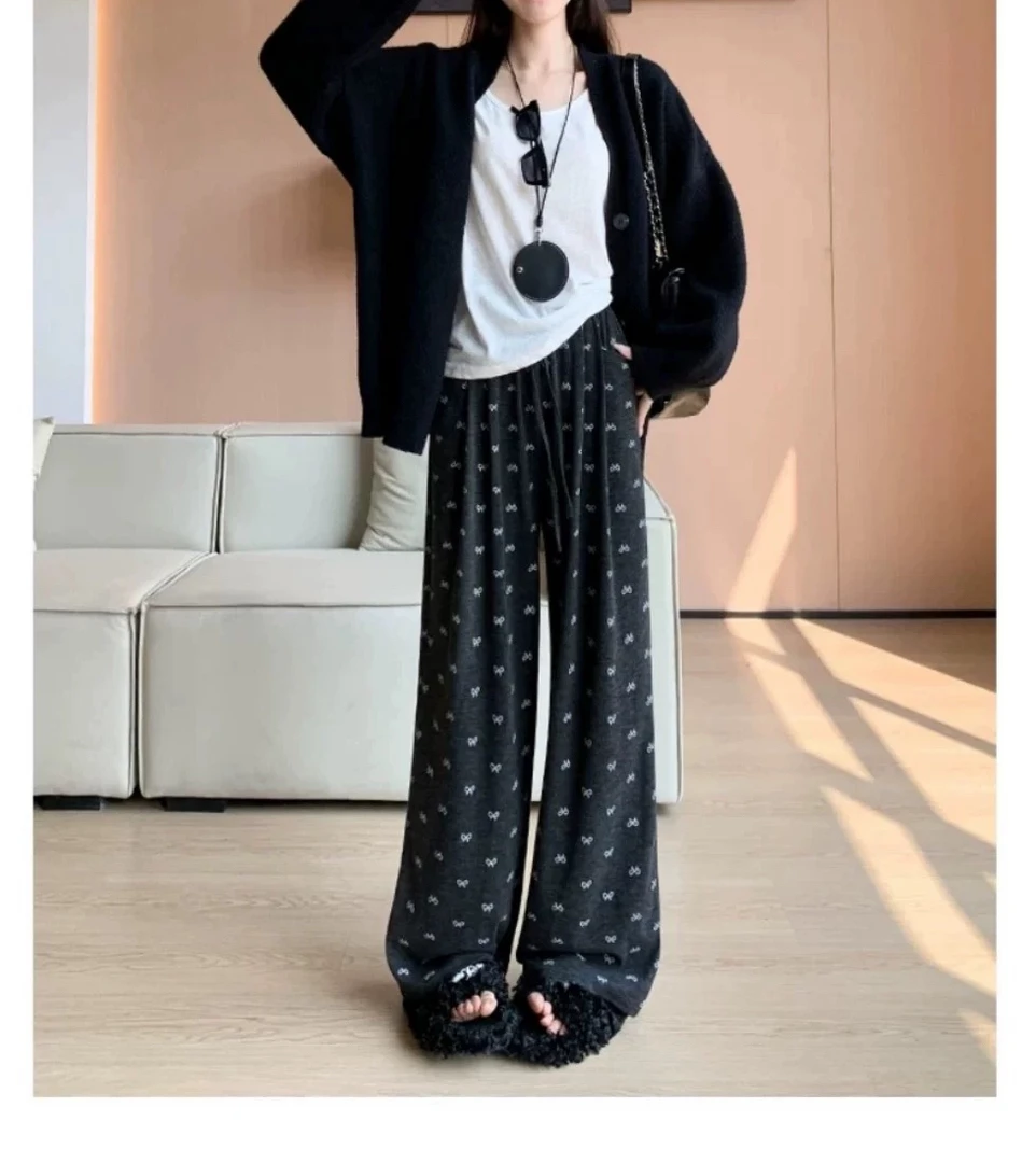 高腰垂感蝴蝶结糯米裤女直筒显瘦休闲阔腿裤0