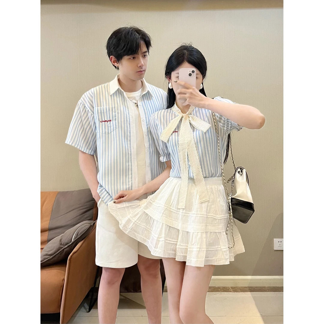 高级感蓝色条纹短袖衬衫男女夏季新款情侣装蝴蝶结衬衣泡泡袖上衣