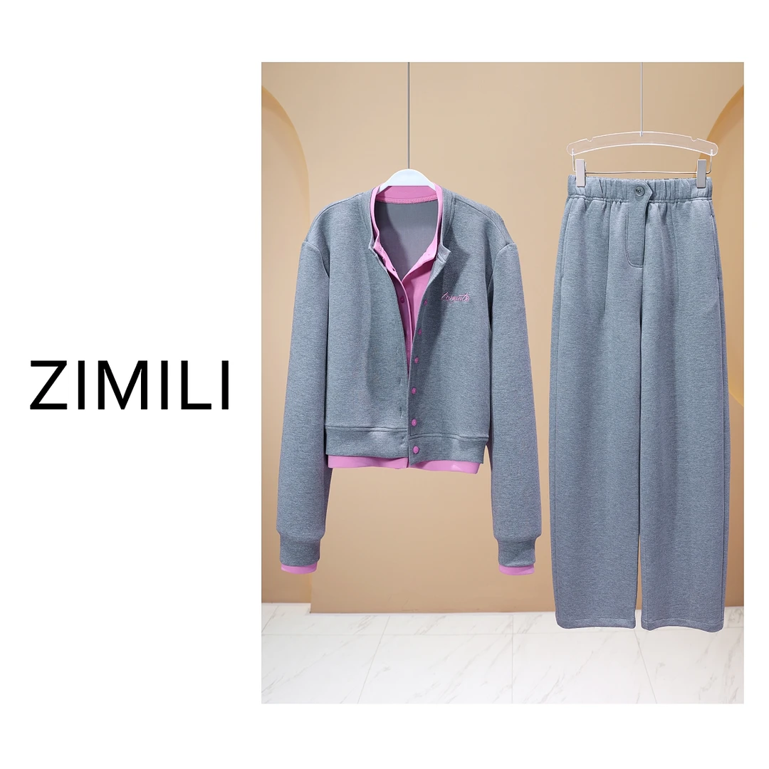 【亮哥女装】2025小众设计师深灰色撞色拼接卫衣套装6303