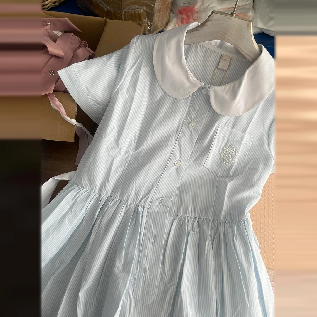 3843蓝色衬衫连衣裙女夏2025新款小个子法式温柔风绝美娃娃领长裙