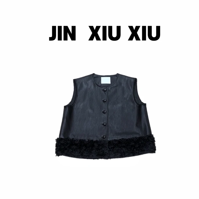 JINXIUXIU秋季新款蕾丝镂空下摆拼接洋气韩系甜美无袖皮马甲992