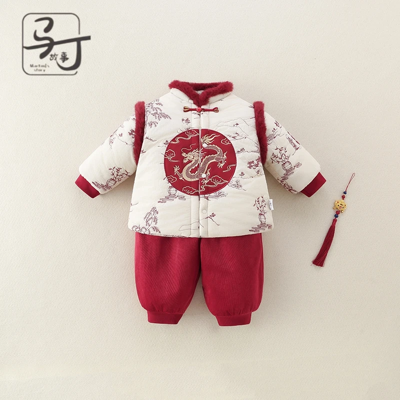 过年婴儿拜年服冬装加厚套装满月宝宝周岁礼外出服百天分体两件套