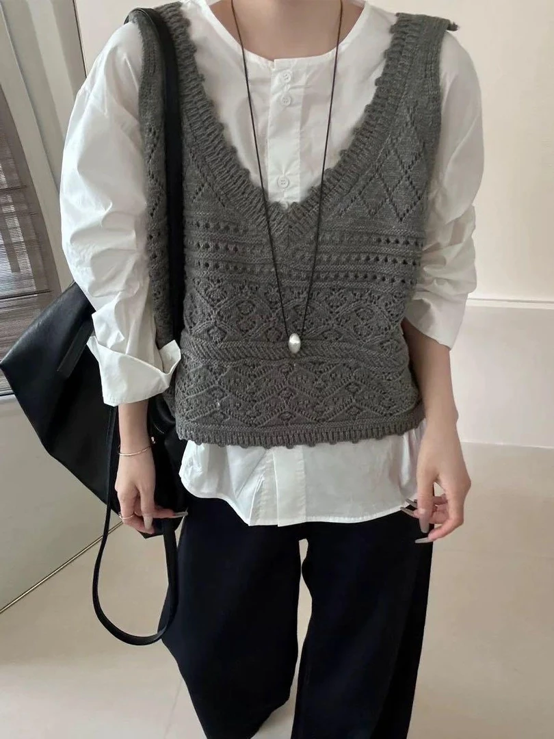 韩系针织马甲背心叠穿两件套衬衫6825