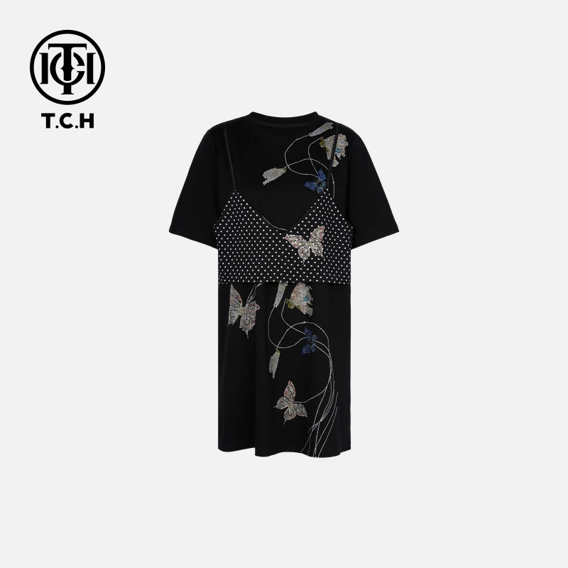 TCH私服秋款烫钻时尚休闲气质蝴蝶连衣裙女T75C30E1047轻奢tch
