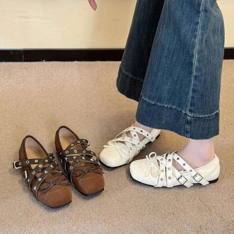复古蝴蝶结交叉带玛丽珍鞋女2025春夏新款浅口铆钉芭蕾舞平底单鞋