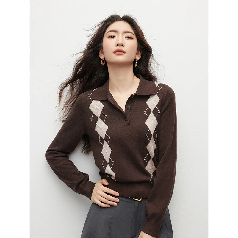 复古polo领菱格设计感针织衫女2025秋季大码胖mm显瘦气质长袖上衣