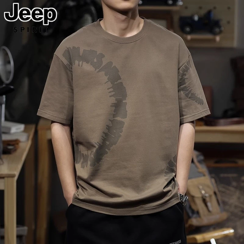 jeep吉普美式复古重磅水洗做旧高街体恤夏季半袖潮牌纯棉短袖T恤