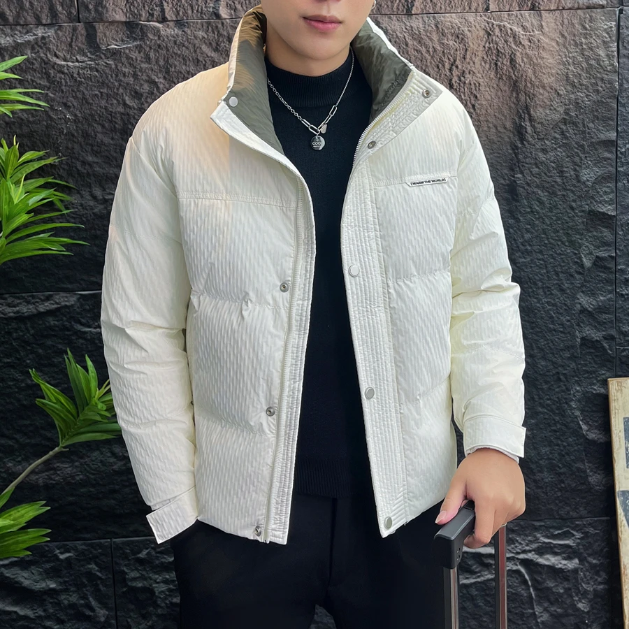 高品质冬季撞色立领羽绒服男士时尚潮流肌理感白鸭绒男修身羽绒衣