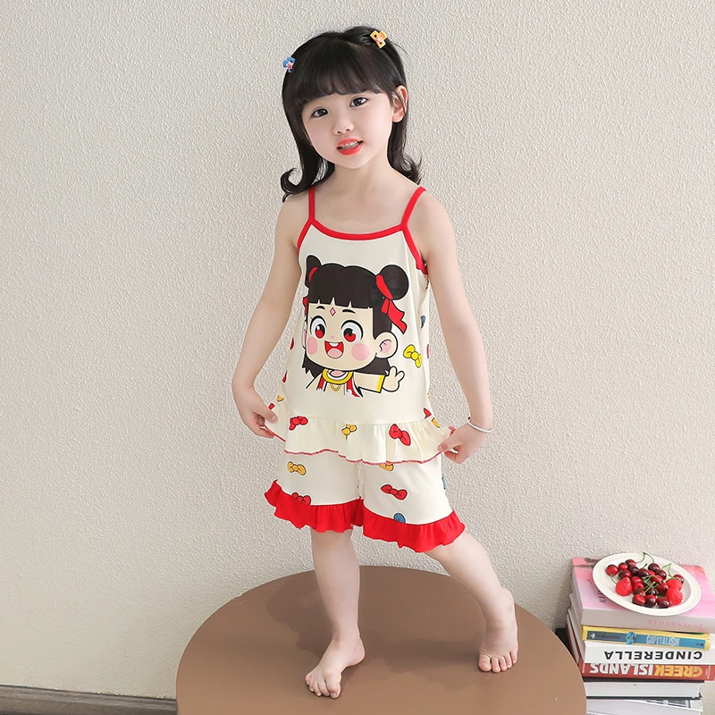 哪吒女童睡衣莫代尔套装夏季薄款2025新款女孩宝宝卡通吊带家居服