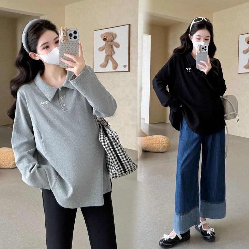 孕妇装春秋季孕妇时尚甜美刺绣POLO领宽松显瘦长袖孕妇上衣遮孕肚