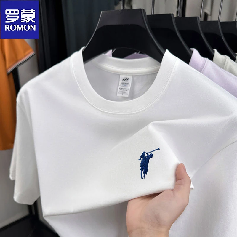 Romon/罗蒙【100%】纯棉夏季男士圆领百搭刺绣短袖T恤轻奢痞帅男装