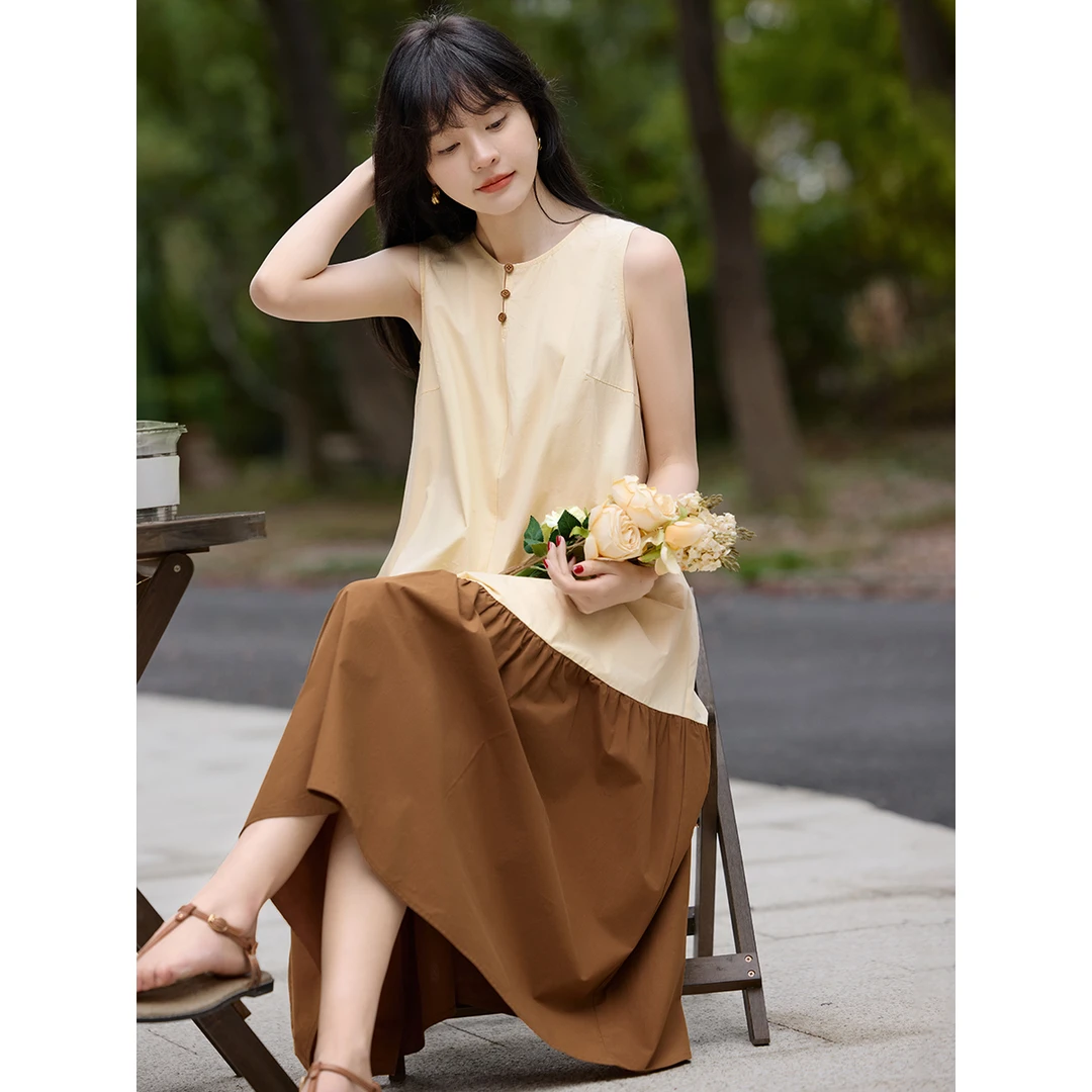 沫晗依美纯棉休闲度假风抽褶连衣裙2025秋夏新款宽松无袖长裙5491