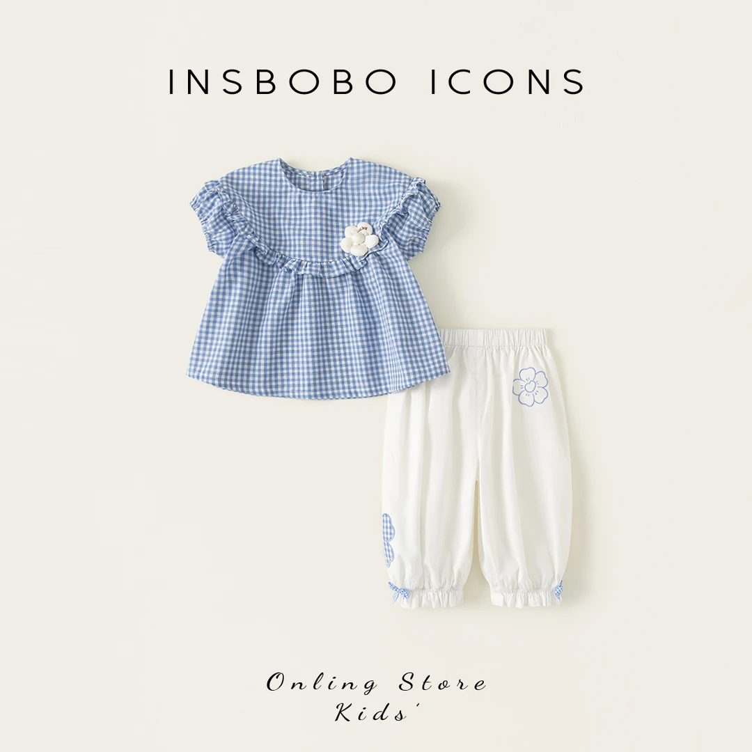 INSbobo儿童夏季套装可爱花朵娃娃衫花朵绣标休闲裤两件套XT25091