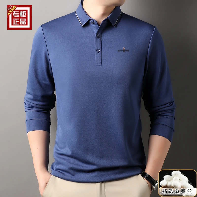专柜轻奢春秋季桑蚕丝长袖t恤男中年翻领宽松商务休闲打底POLO衫
