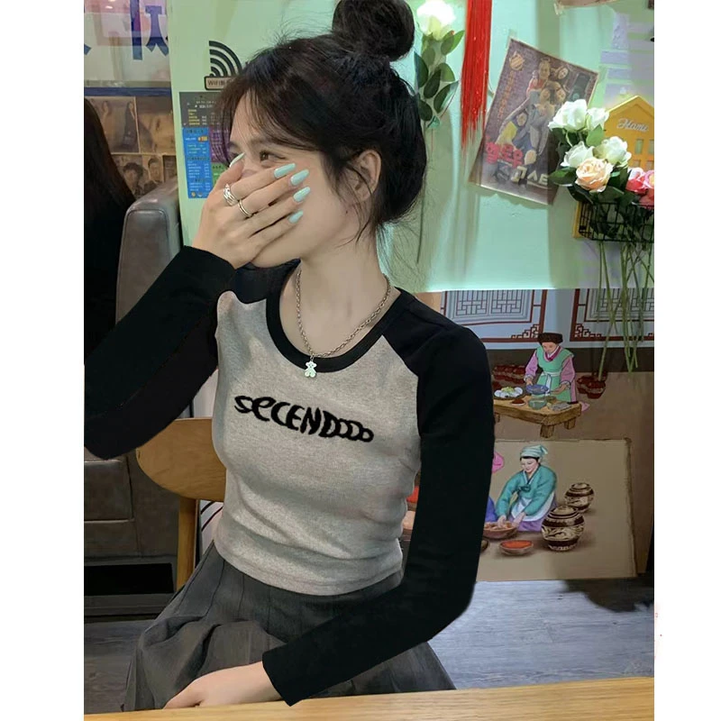 6005#长袖女T恤女2025秋冬新款洋气小个子字母刺绣修身内搭打底衫