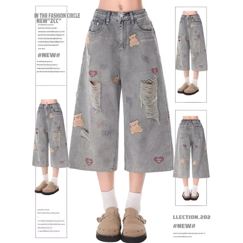 港风潮女夏季新款2025个性字母牛仔裤嘻哈ins潮高街潮流痞帅长裤