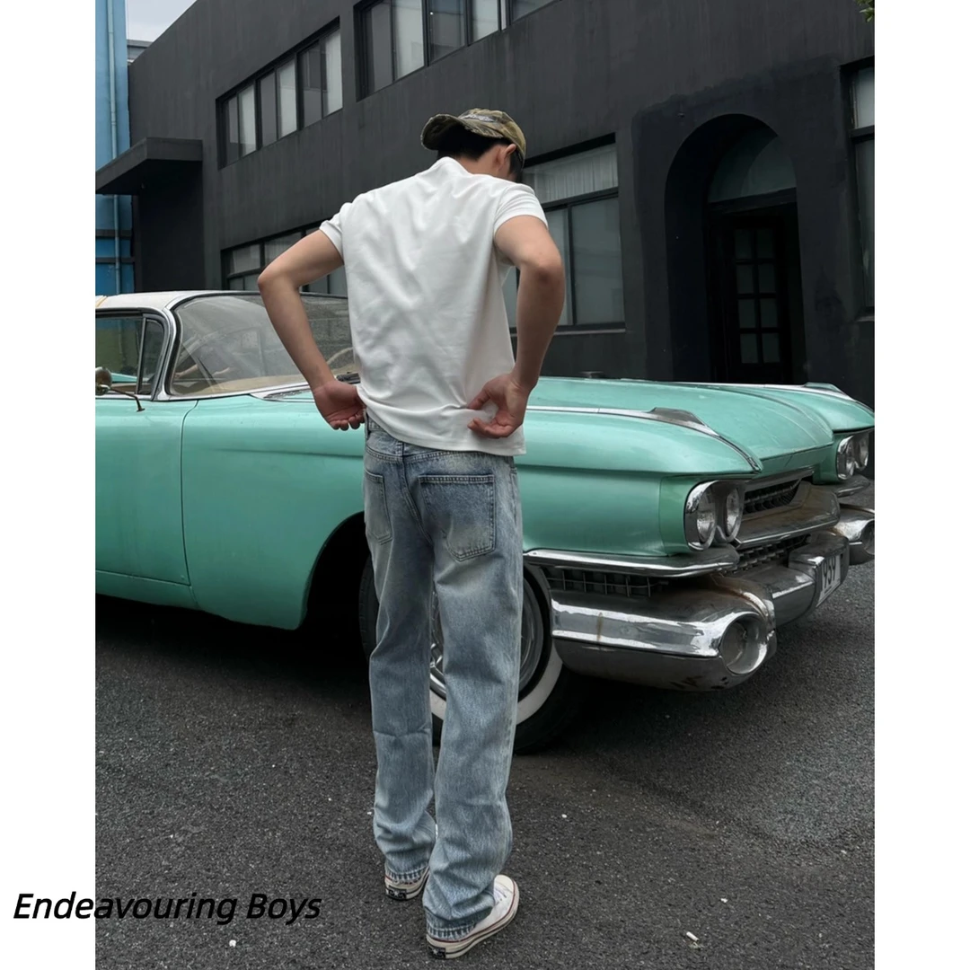 周末早起 美式雪花复古直筒牛仔裤冰蓝色宽松水洗牛仔夏季休闲裤