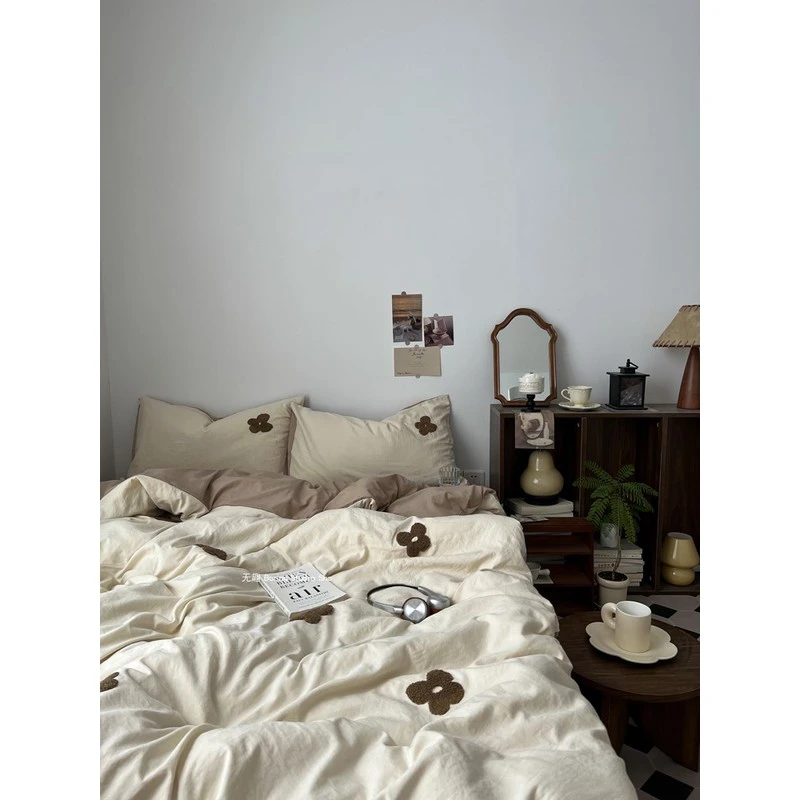 ins轻奢刺绣 I 四件套水洗棉床上用品被罩床单人大学生宿舍三件套