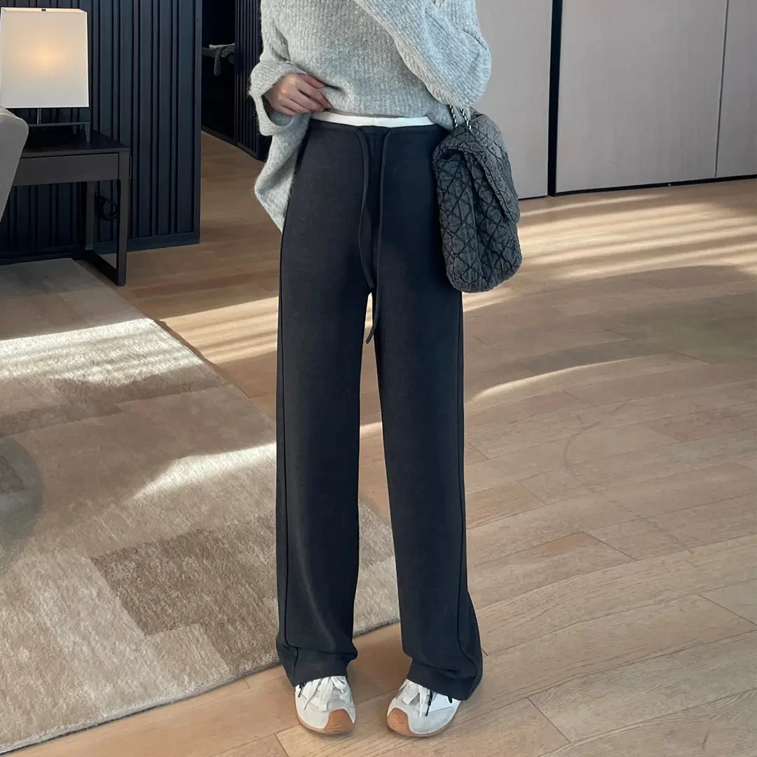 羊毛空气层秋冬孕妇阔腿裤显瘦垂感百搭慵懒拼色腰头直筒休闲裤