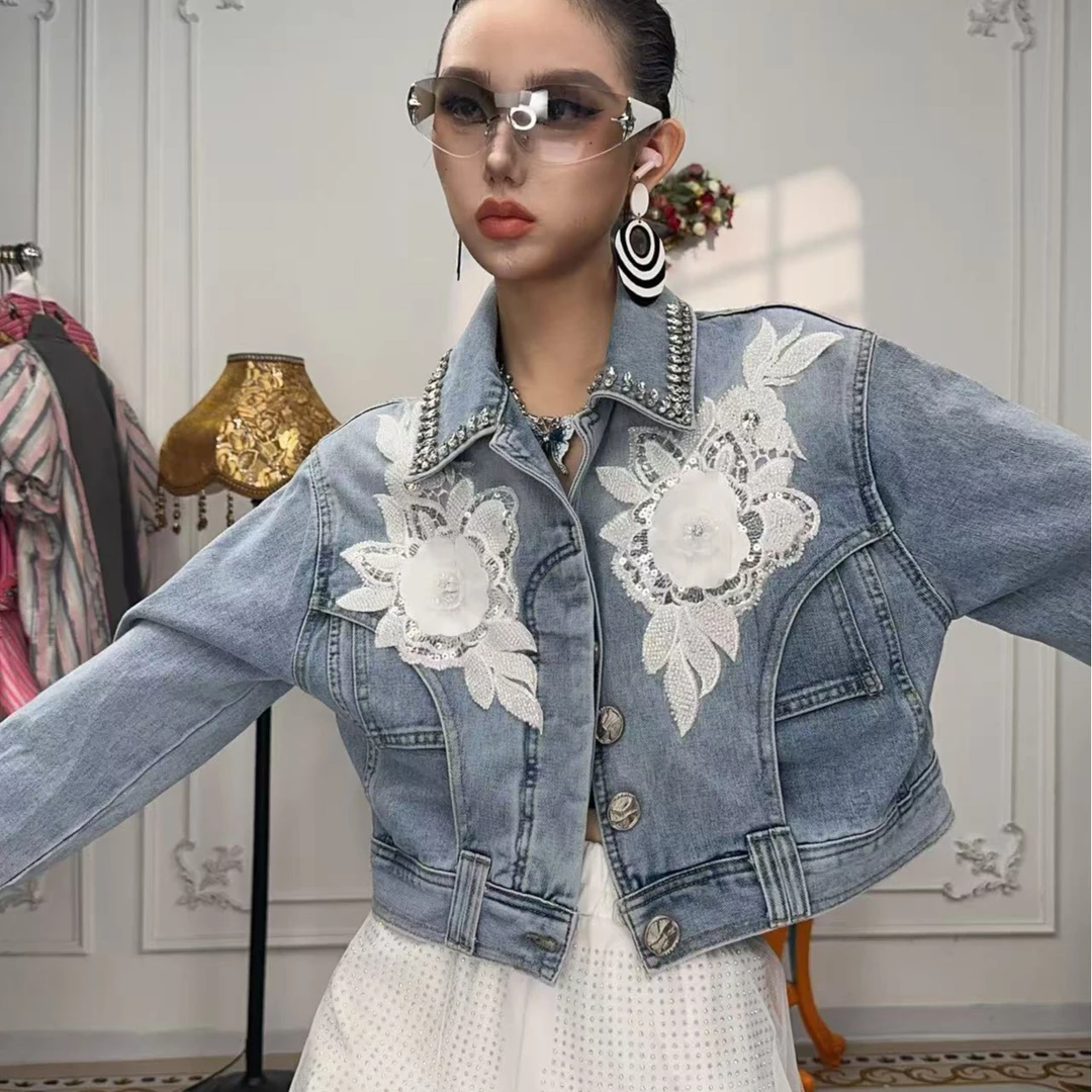 F00145香港设计师小众品牌手工刺绣花朵时尚女性气质减龄牛仔外套