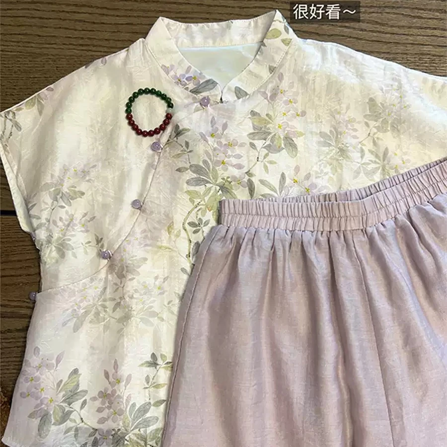 微笑向暖 斜襟国风复古感禅意衬衫上衣宽松阔腿裤新中式两件套装