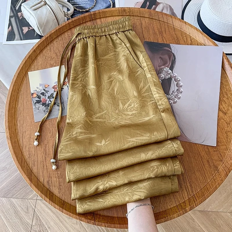 国风印花醋酸阔腿裤女夏季薄款2025新款防晒冰丝休闲裤垂感直筒裤