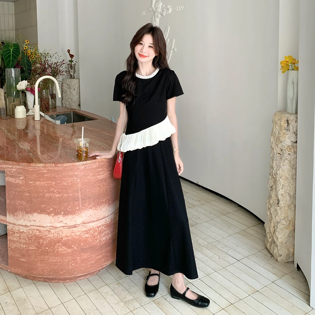 高级感超好看套装女2025夏季漂亮套装裙斜边撞色上衣半身裙两件套