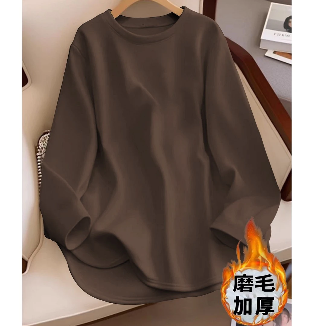 秋冬新款加厚磨毛T恤女宽松显瘦中长款百搭外穿保暖内搭打底上衣