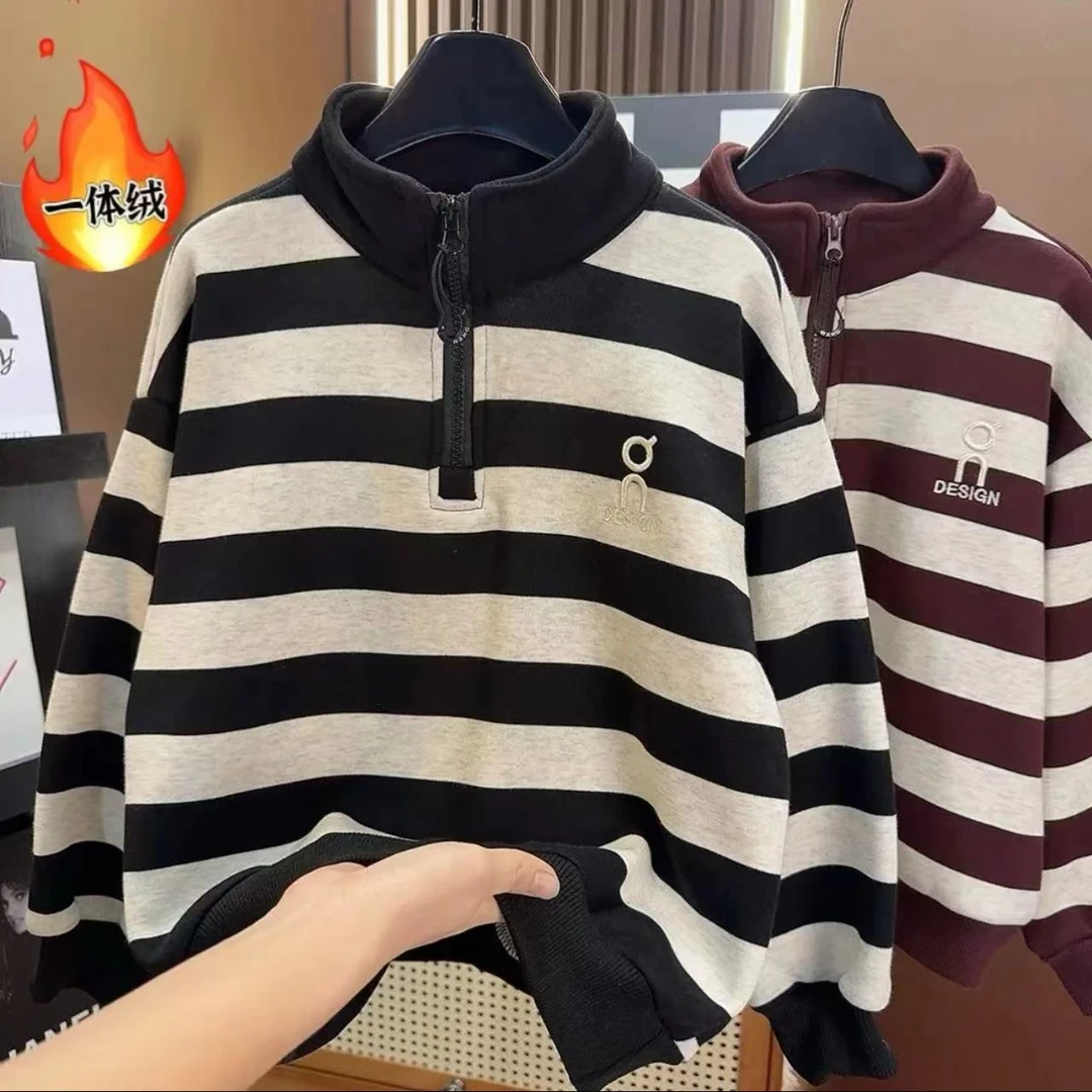 【韩系条纹~加绒卫衣】儿童秋冬时尚拉链款加厚上衣潮
