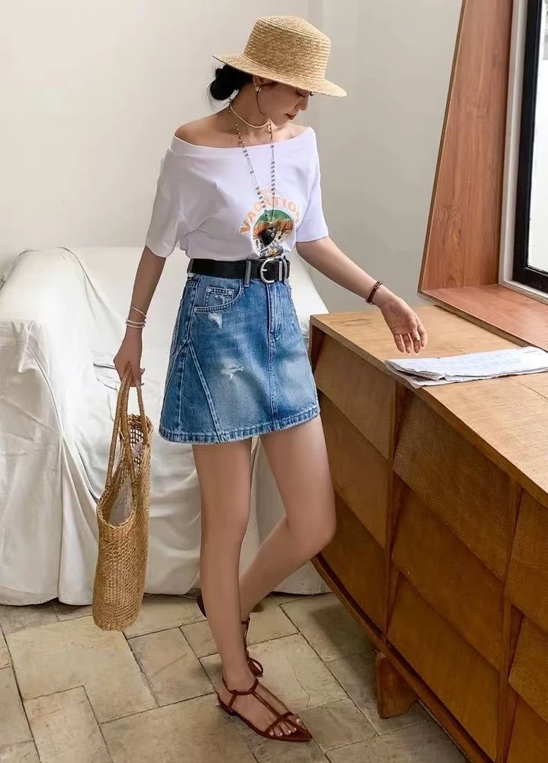 94103-薄款半身裙短裙潮流高弹力高腰蓝色休闲夏季A字裙